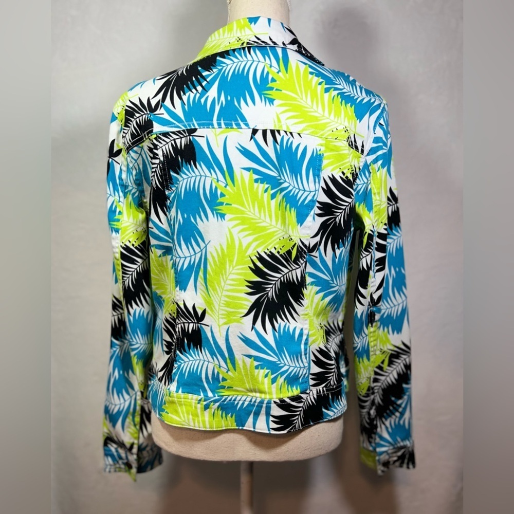 Metro Blues Tropical Print Jean Jacket - Blue, Green, and Black on White - Picture 4 of 7